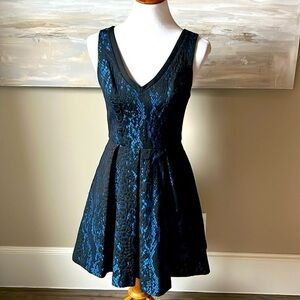 ABS Allan Schwartz Fit & Flare brocade jacquard Blue/Black Sleeveless Dress NWT
